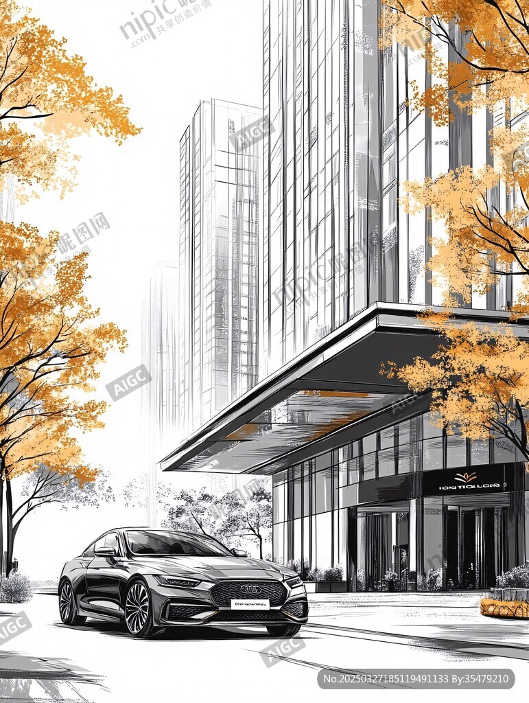 秋景中的都市汽車與建筑