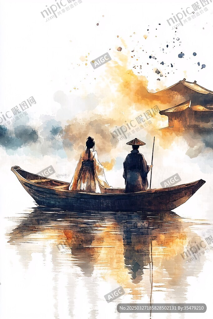 水墨畫中乘船的古風人物