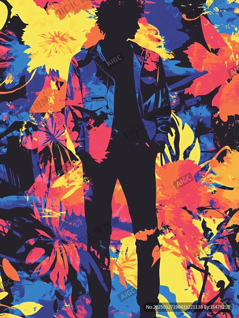 彩色花卉背景中的人物剪影