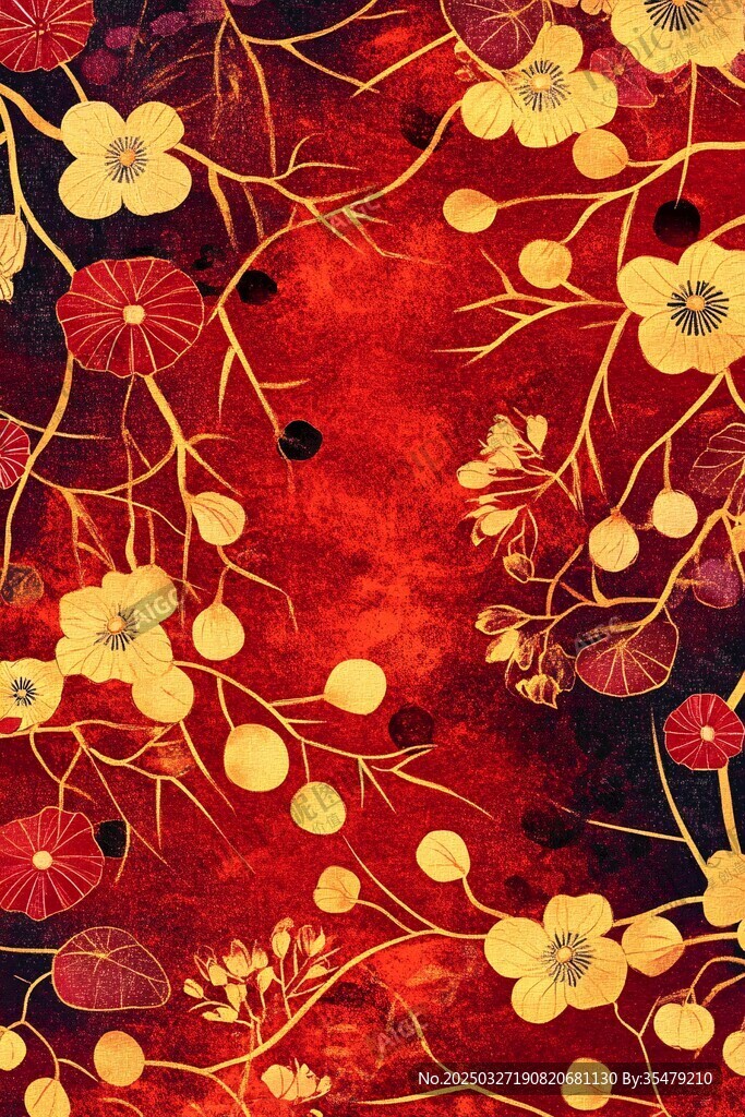 中式金紅花卉紋理圖案