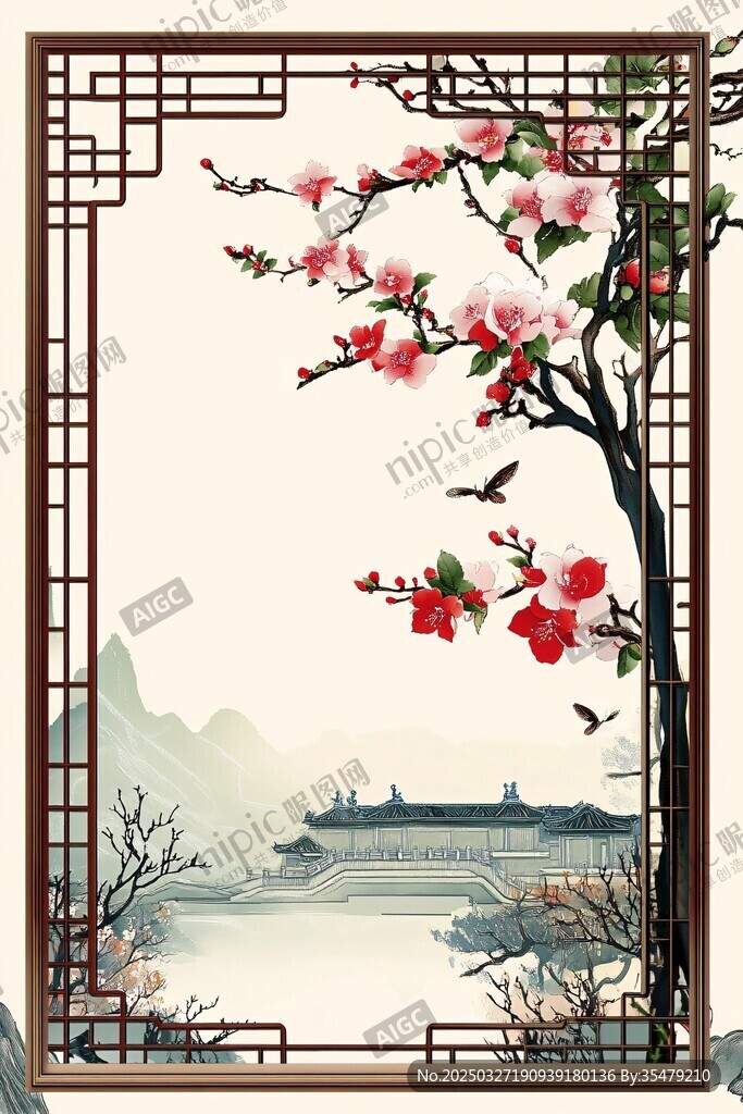 中式窗景下的爛漫花枝