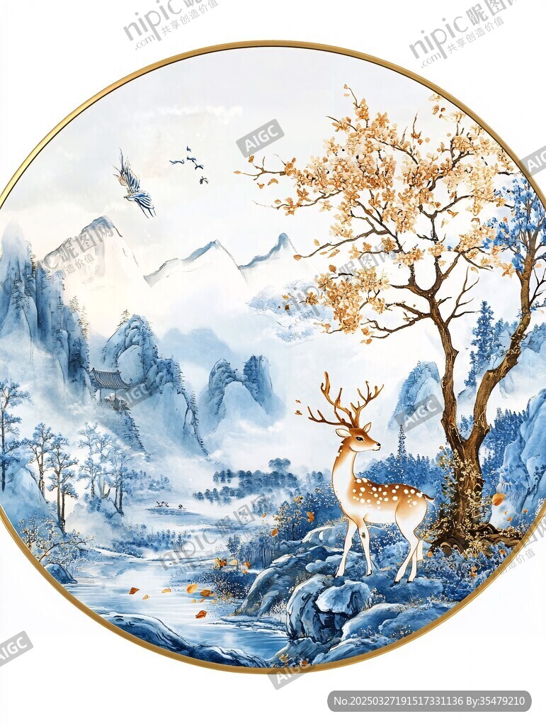 中式山水瑞鹿裝飾瓷盤