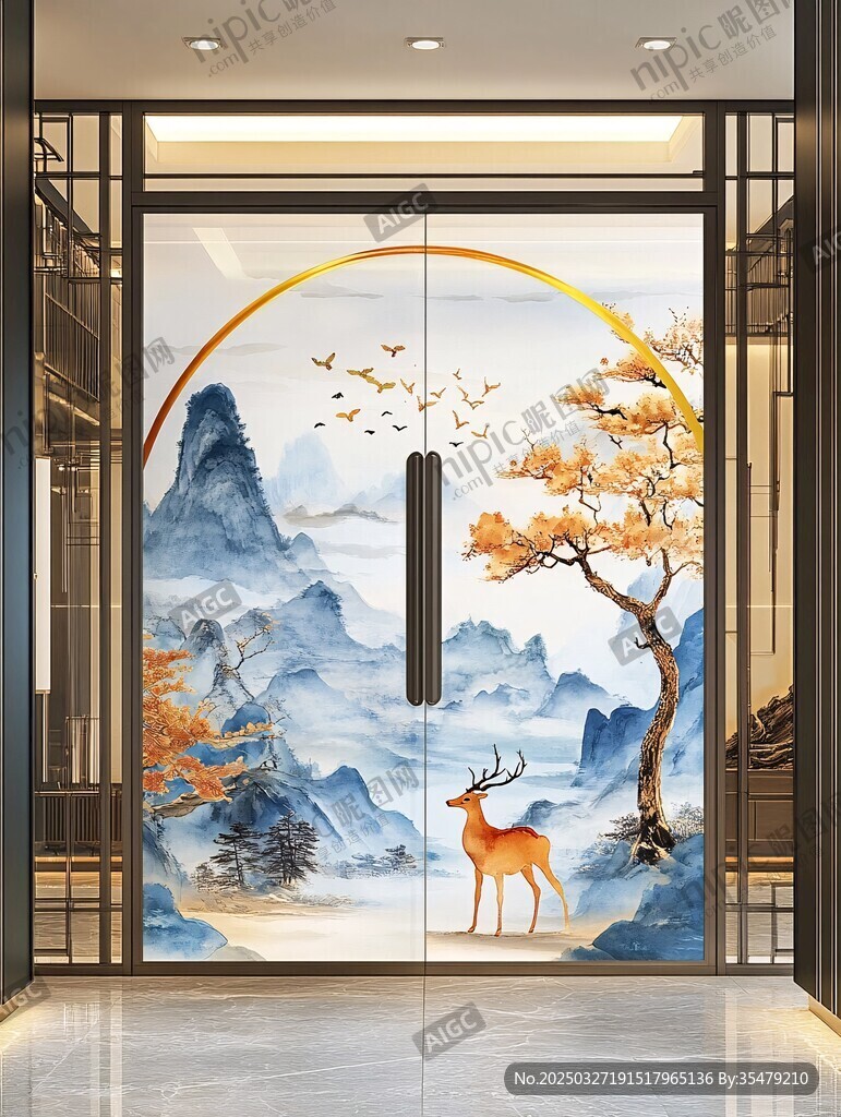 中式玄關山水鹿景藝術門