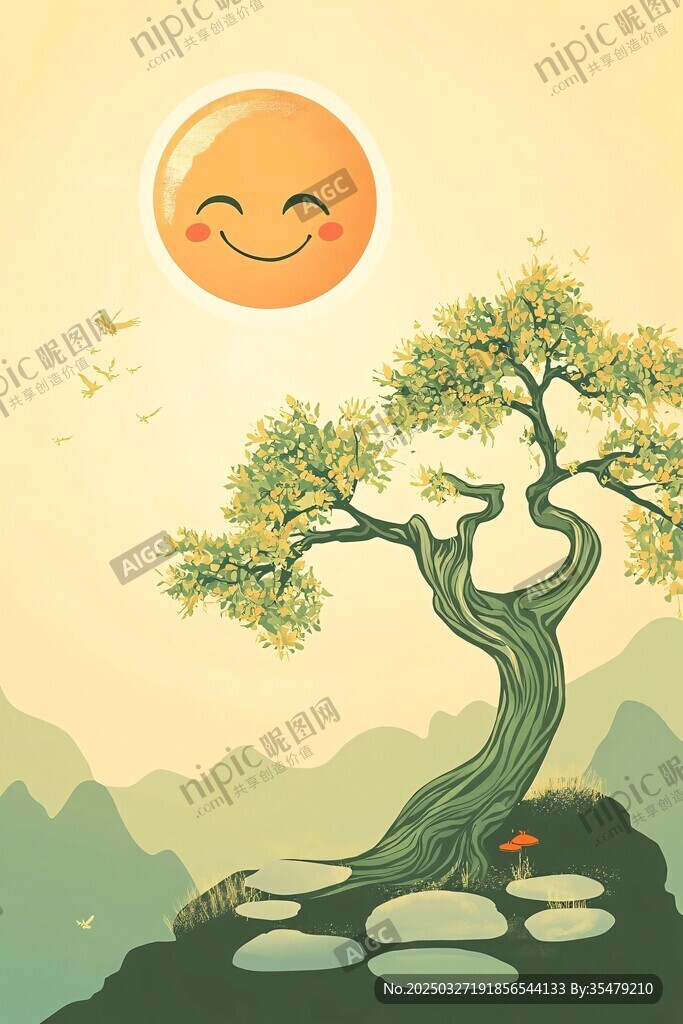 陽光下的老樹與快樂太陽