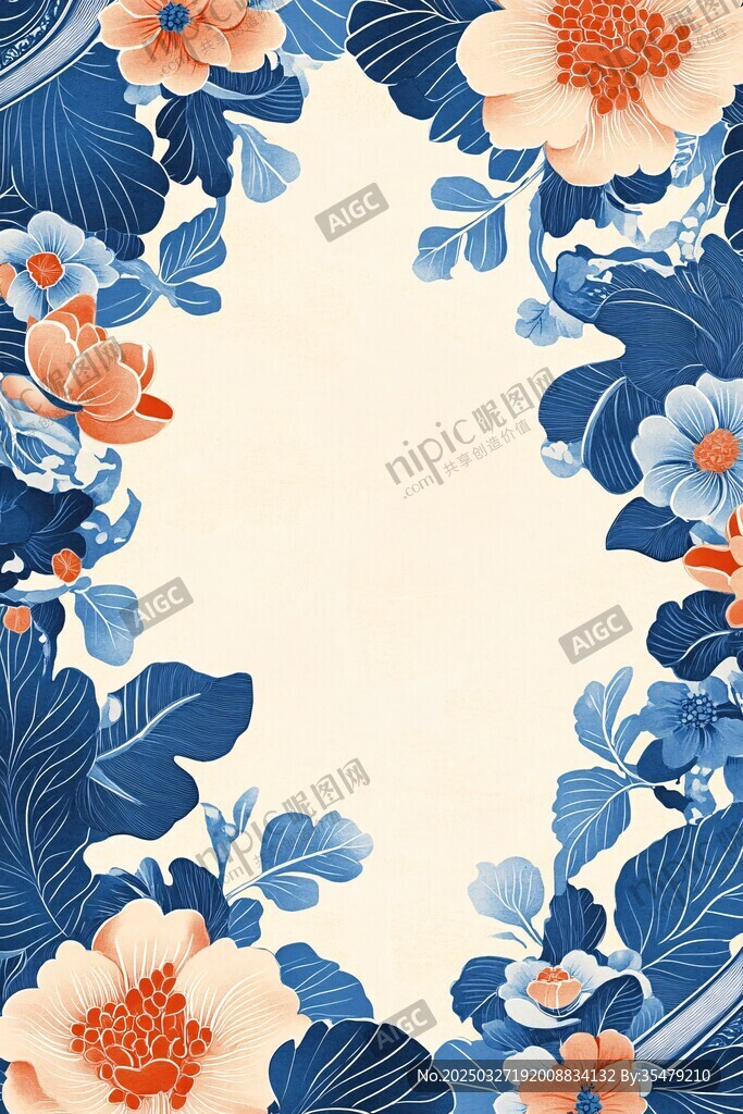 中式藍白花卉邊框圖案