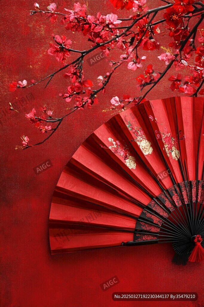 紅梅折扇映紅韻