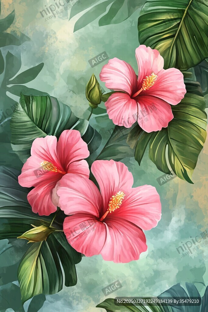 粉色木槿花與綠葉背景圖