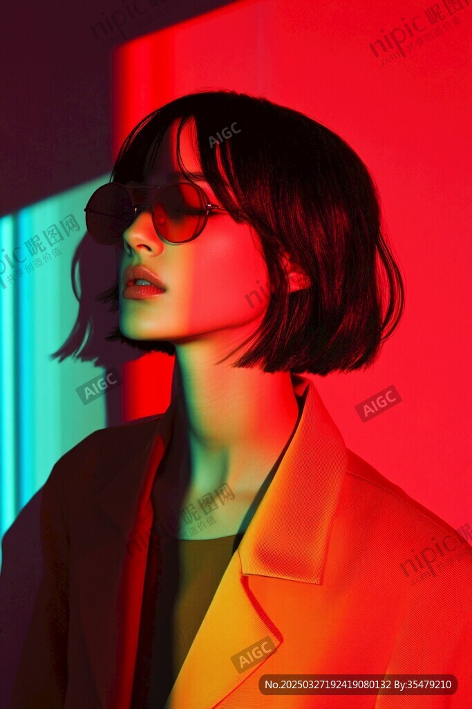 霓虹光影下的時尚短發女性