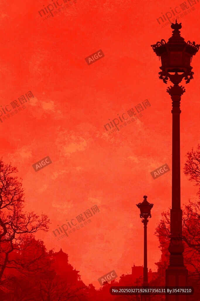 紅色天空下的復(fù)古路燈剪影