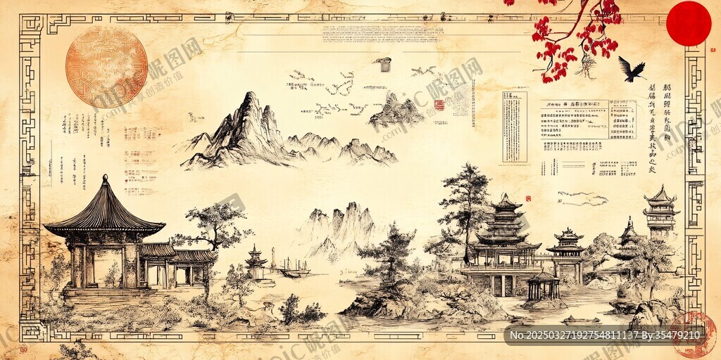 古風(fēng)山水樓閣詩意畫卷