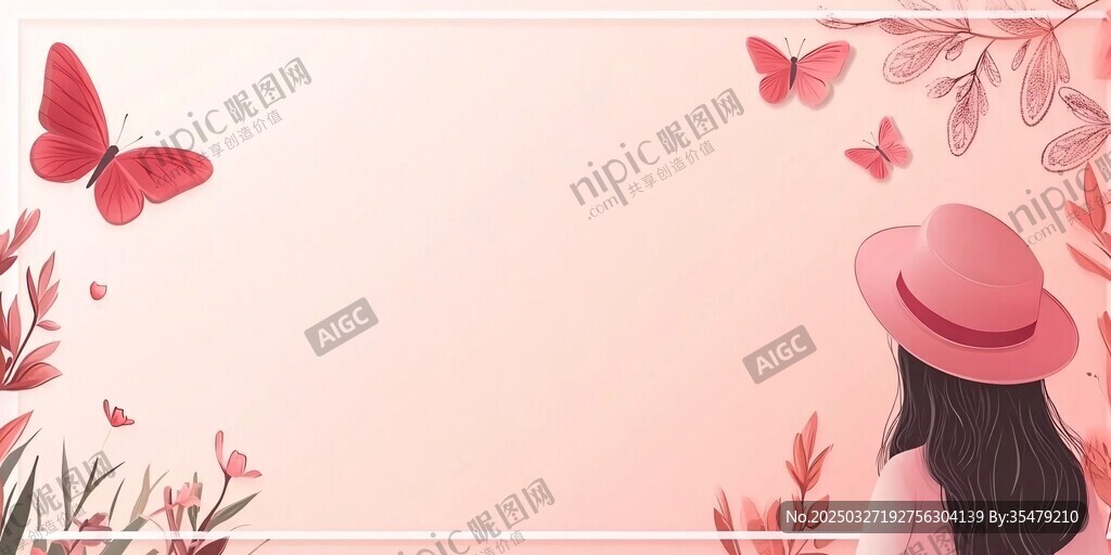少女賞蝶的浪漫粉色場景