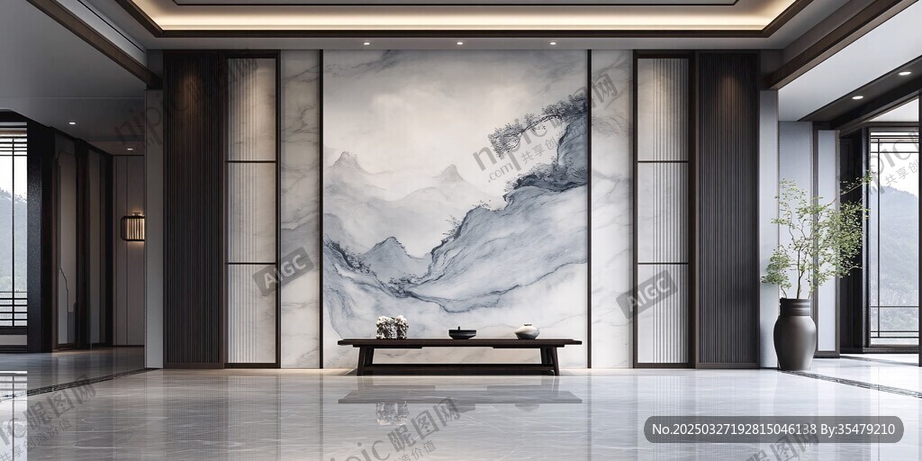 中式大廳水墨山水背景墻