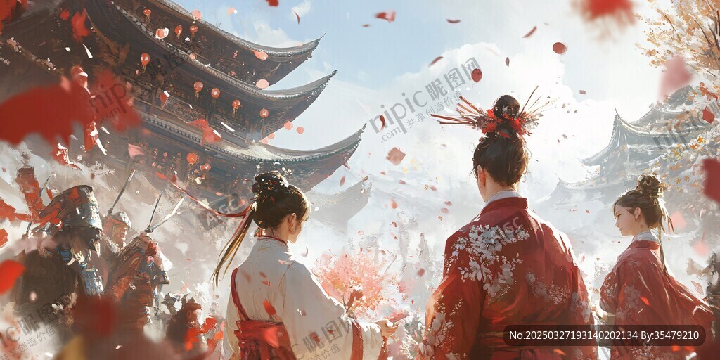 古風佳人賞景花瓣紛飛