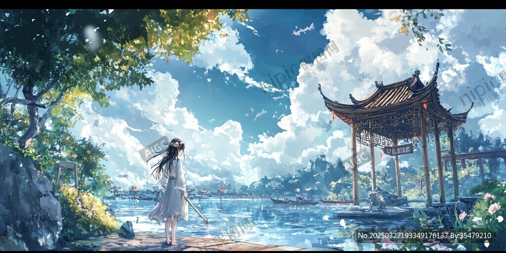 古風少女湖畔賞景圖