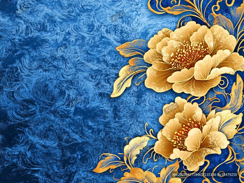 藍底金牡丹華麗背景圖