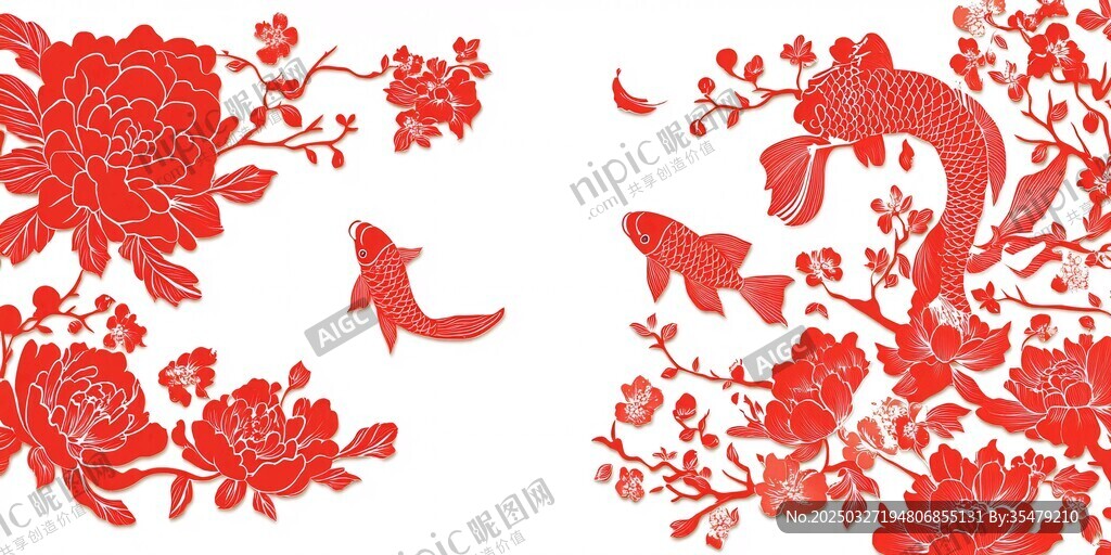 中式剪紙風錦鯉牡丹圖案