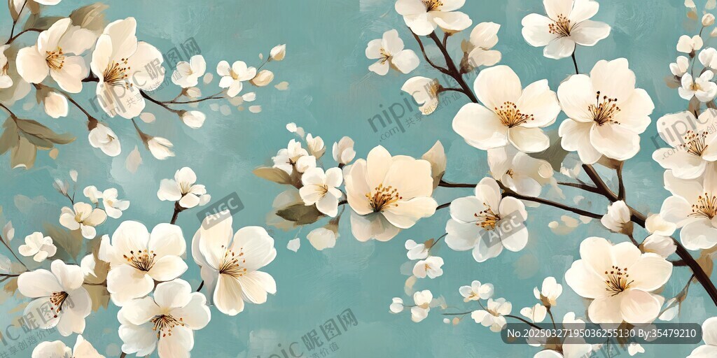 春日白花朵朵插畫背景圖