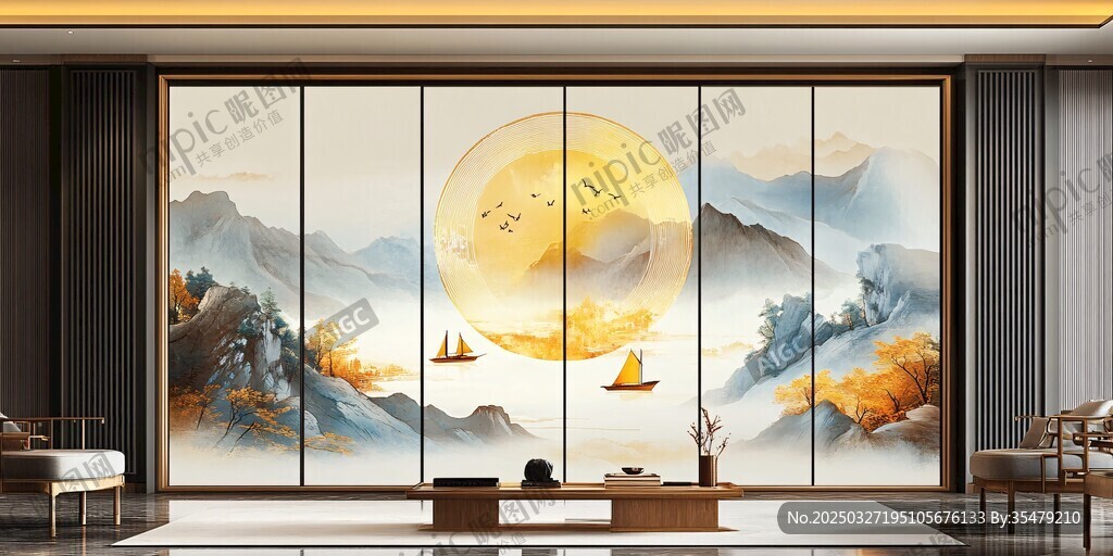 中式山水意境客廳移門畫
