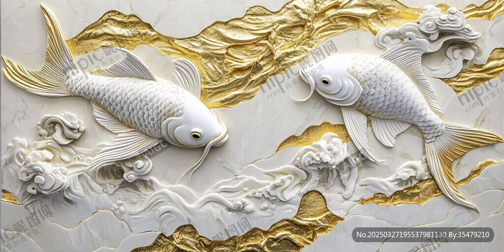 雙鯉戲浪浮雕藝術作品