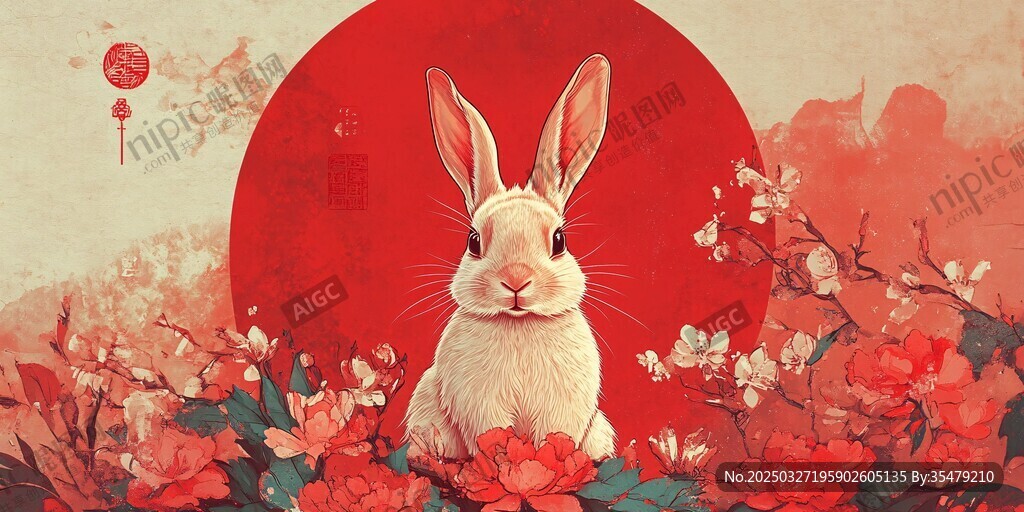 玉兔鬧春 繁花相伴