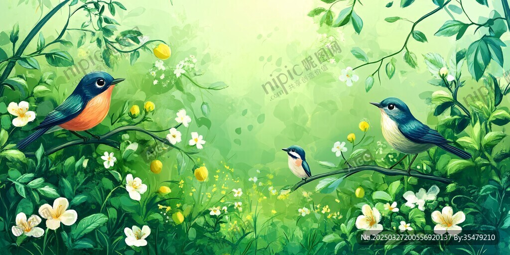 春日林間雙鳥與繁花