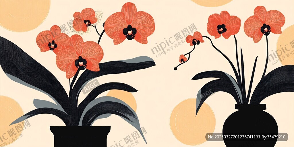 插畫風(fēng)橙色蘭花盆栽展示