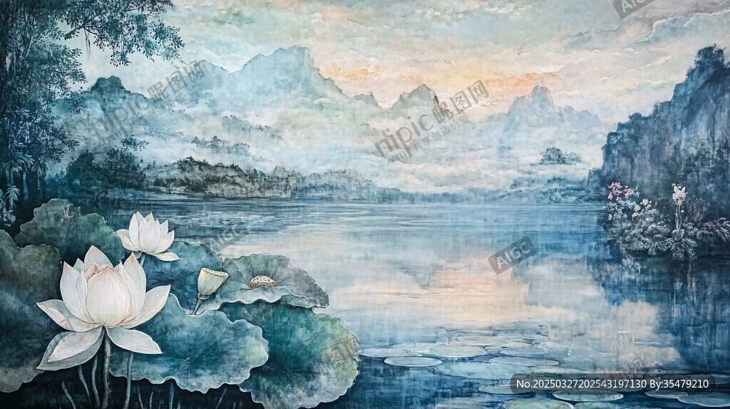水墨山水間的清雅荷花景