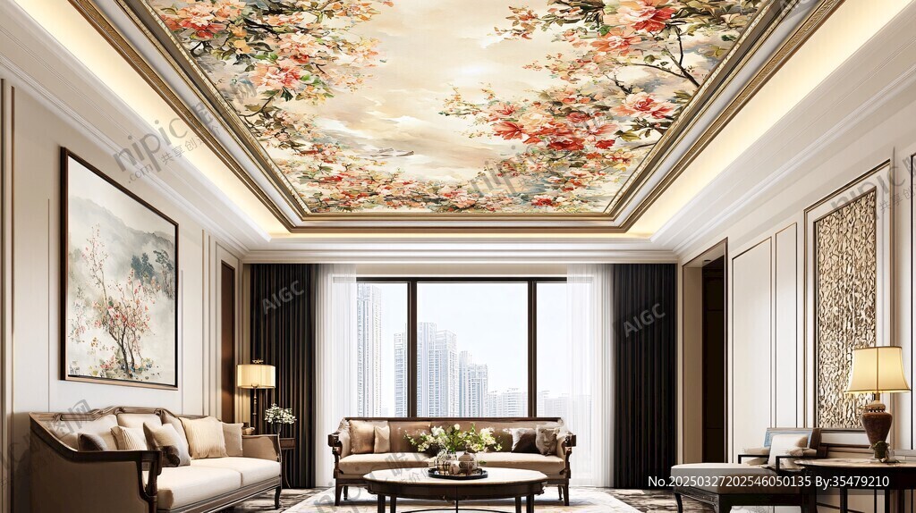 中式客廳天花板花卉藝術(shù)