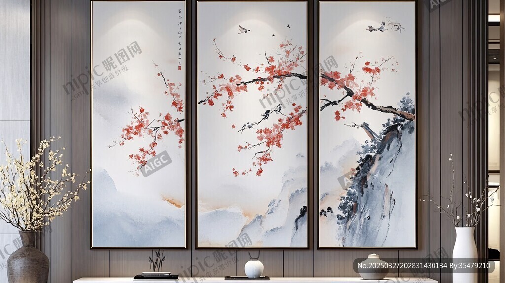 中式三聯(lián)梅花山水裝飾畫