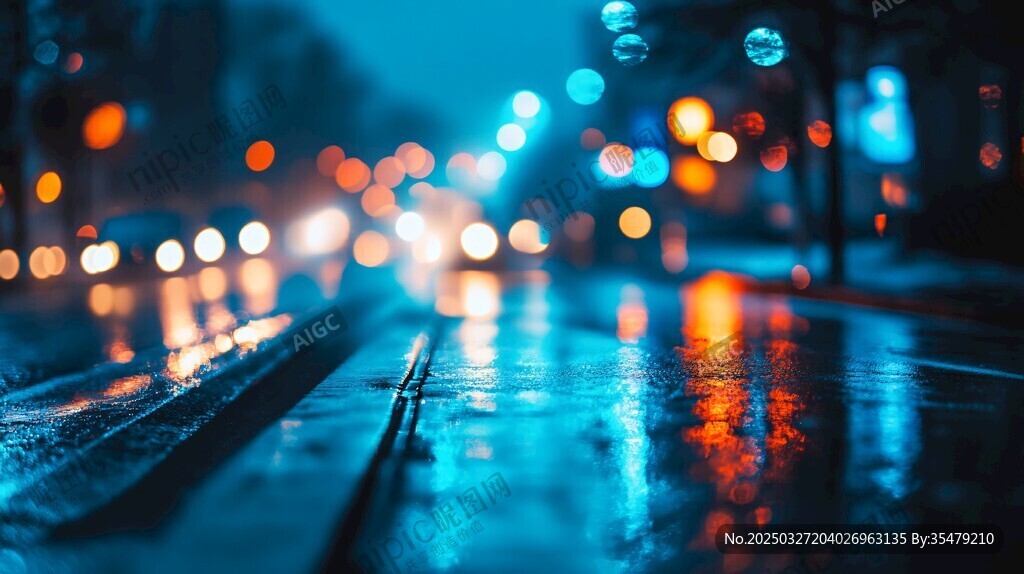 雨夜城市街道光影朦朧