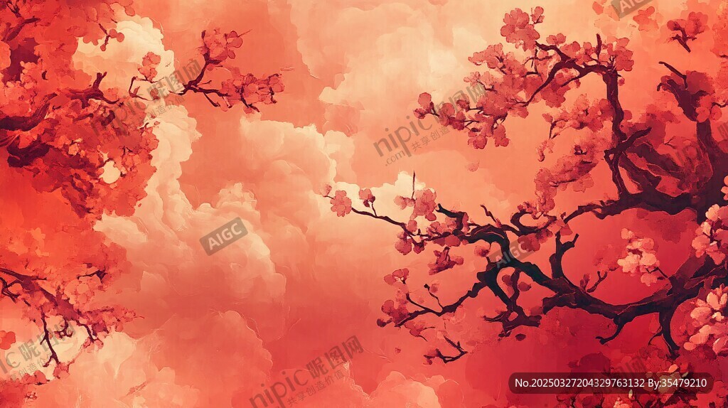 夢幻緋紅繁花與云霞景象