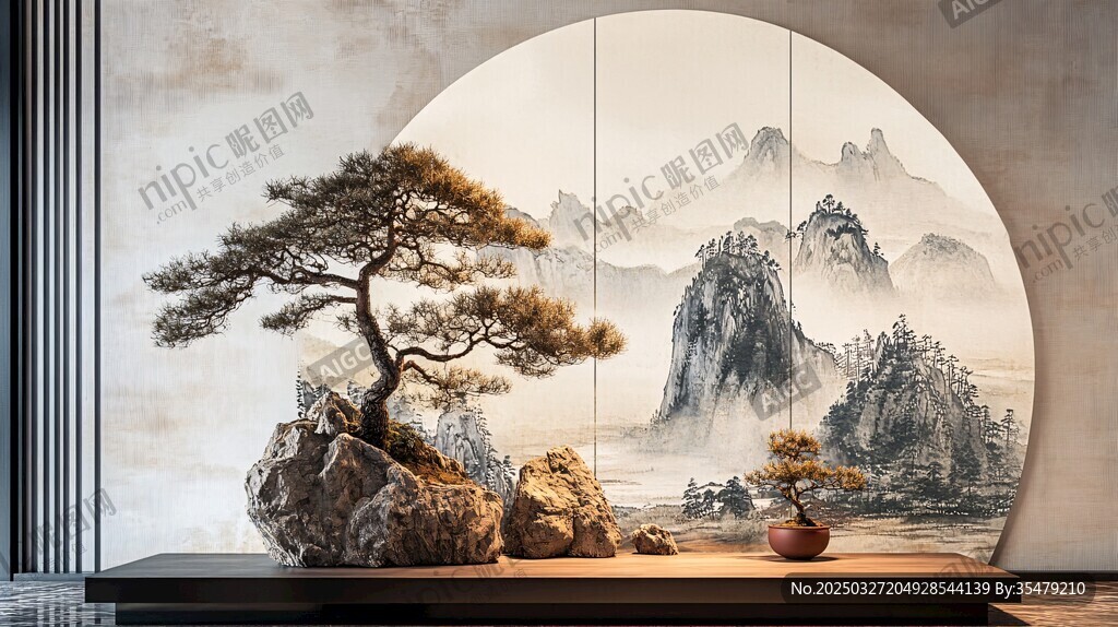 中式盆景與山水背景藝術
