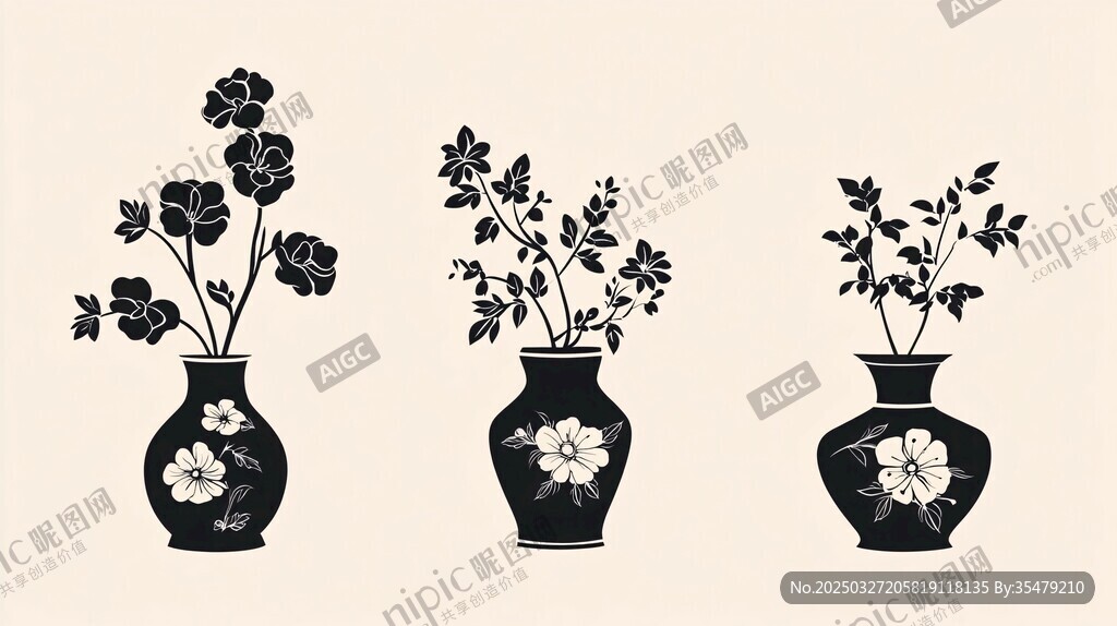 三個中式花瓶插畫圖案