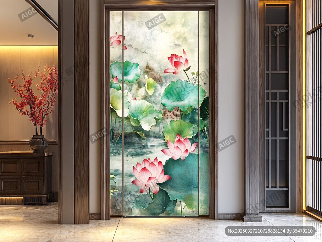 中式荷花玄關(guān)藝術(shù)壁畫