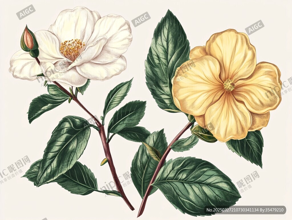 兩色山茶花植物插畫
