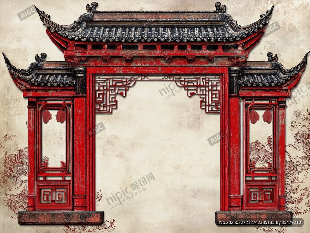 中式古典紅牌坊建筑圖景