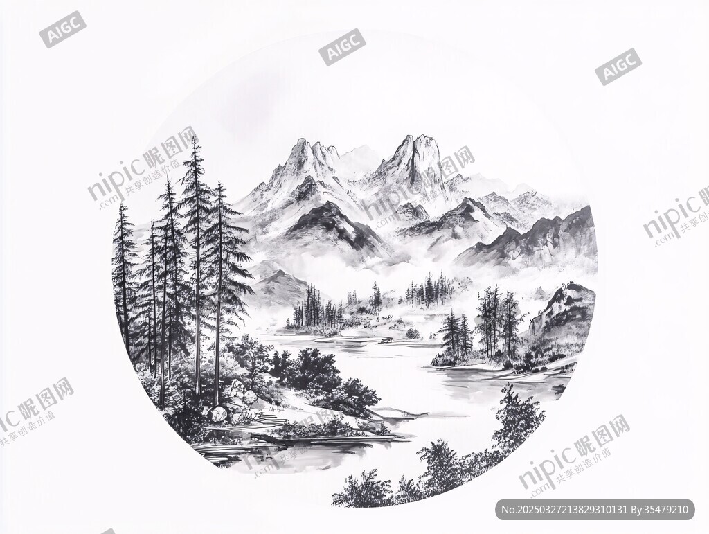 圓形水墨山水風(fēng)光圖