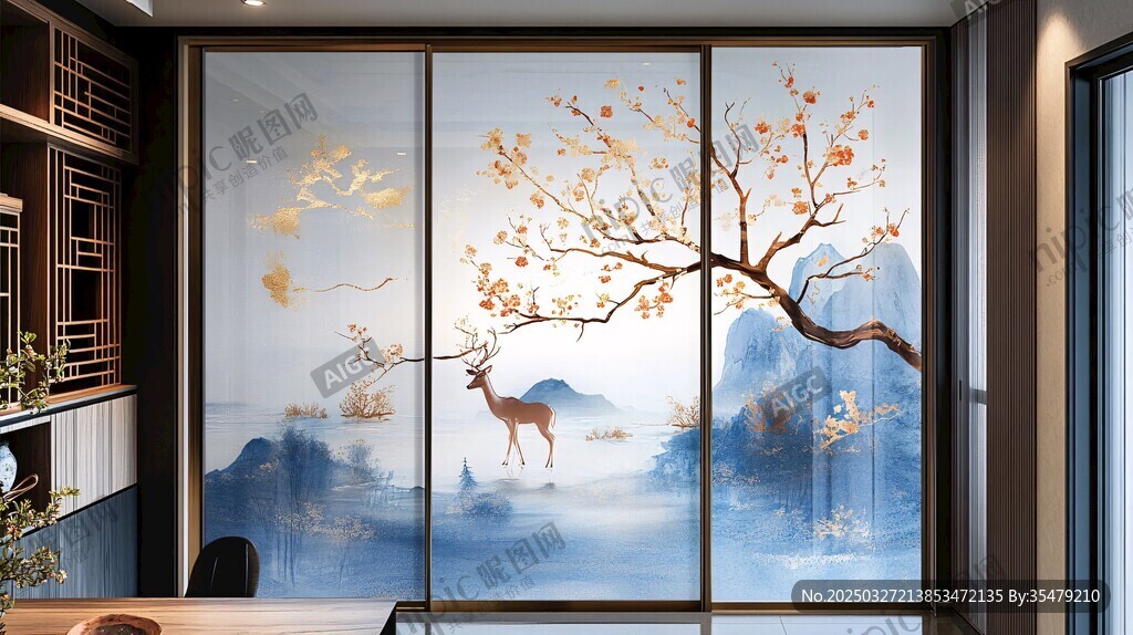 中式藝術(shù)玻璃隔斷山水圖景