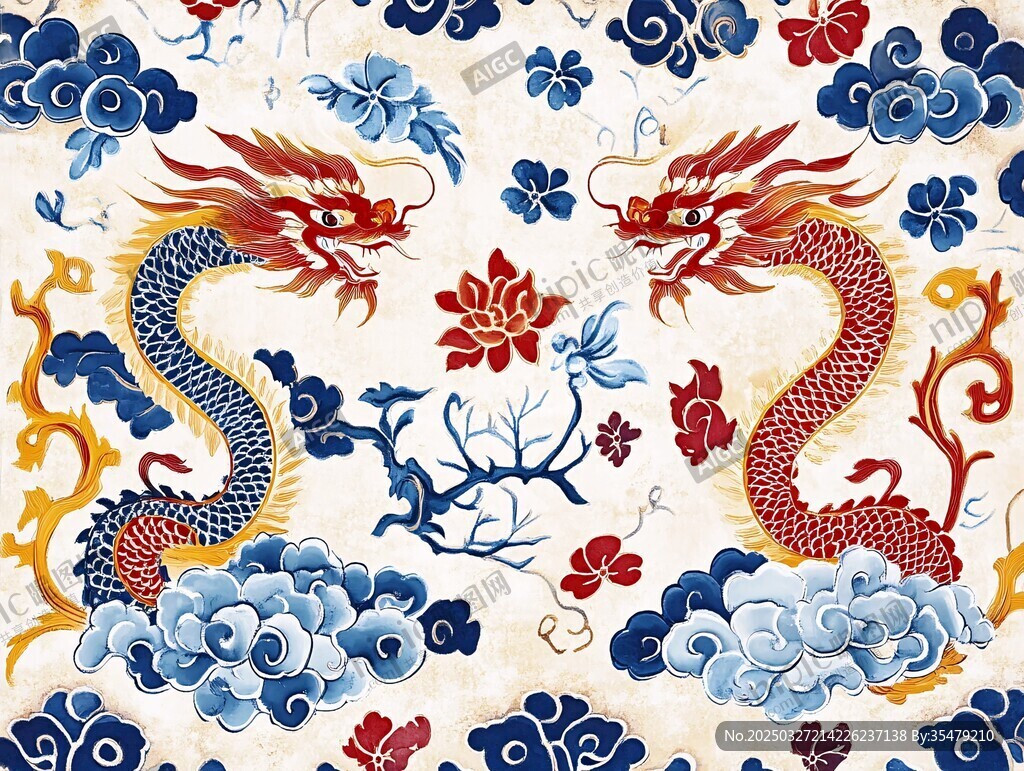 雙龍戲蓮中式傳統圖案