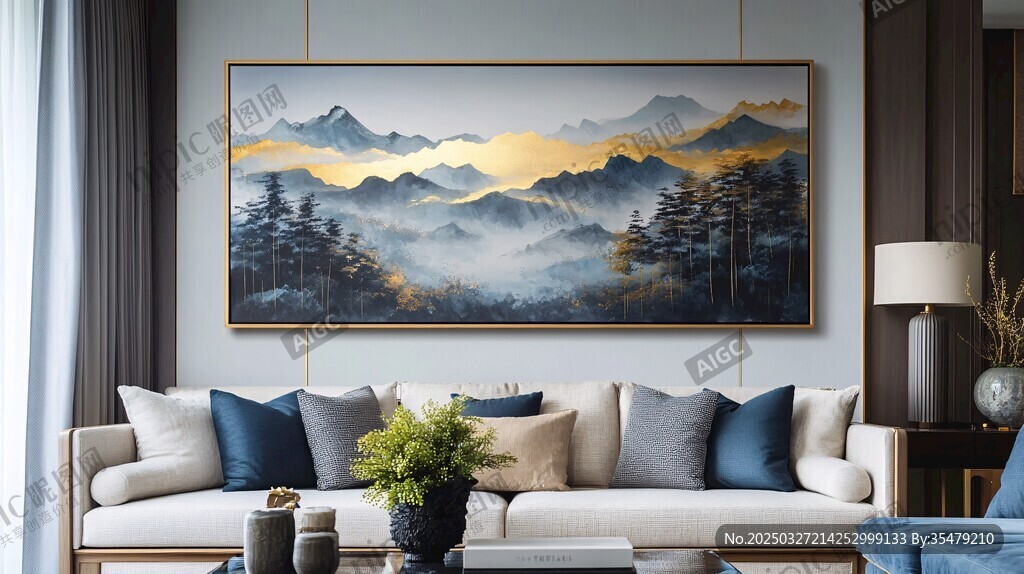 現(xiàn)代客廳中的山水藝術(shù)掛畫