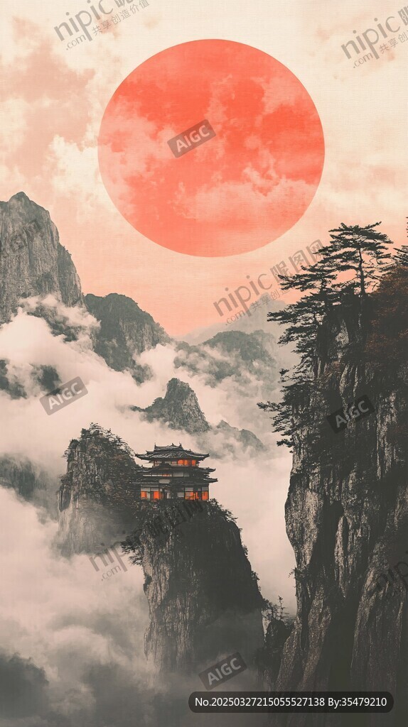 山間古亭映紅日美景