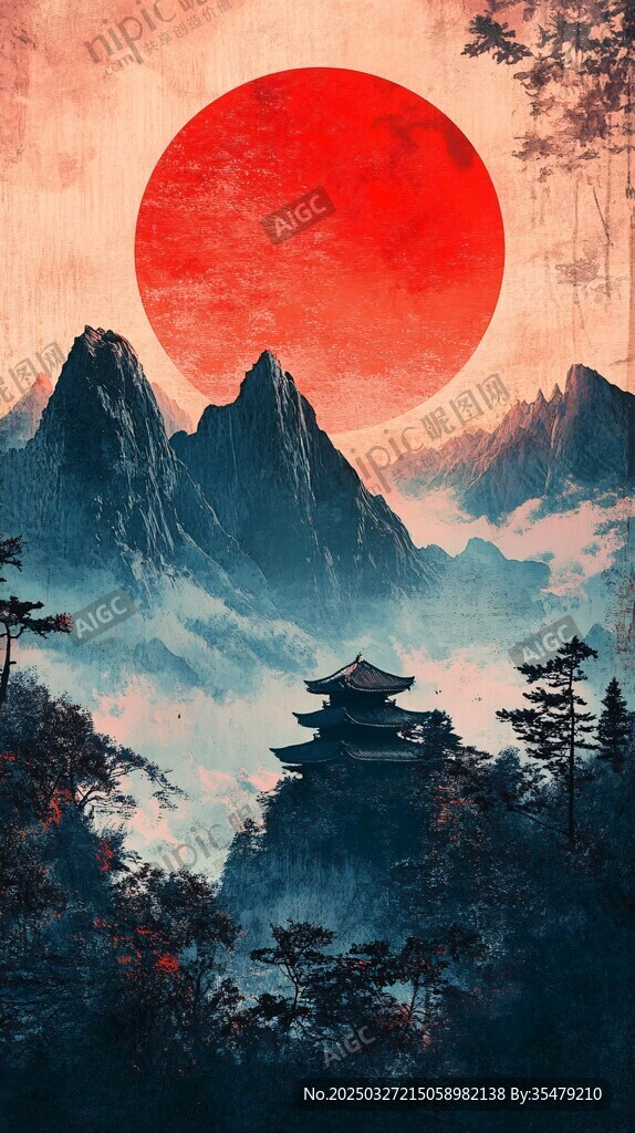 夕陽下的山間古亭美景