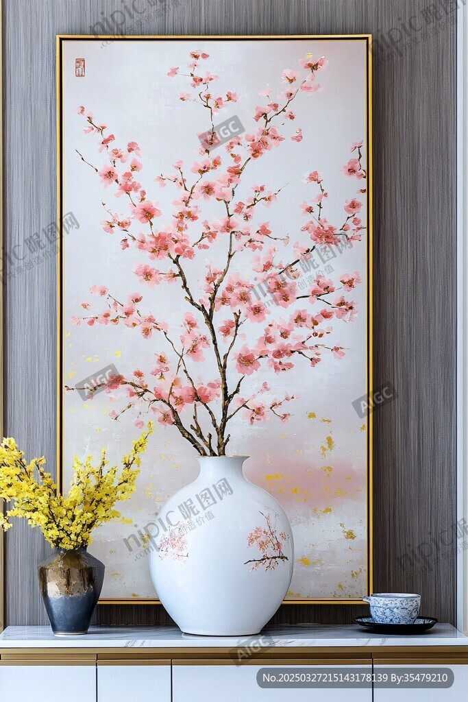 中式花瓶插枝爛漫桃花圖
