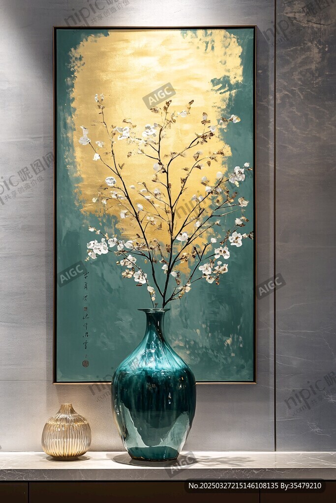 新中式藍瓶插花藝術畫作