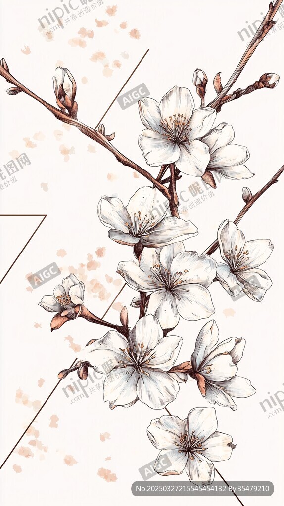 手繪素雅杏花枝圖案