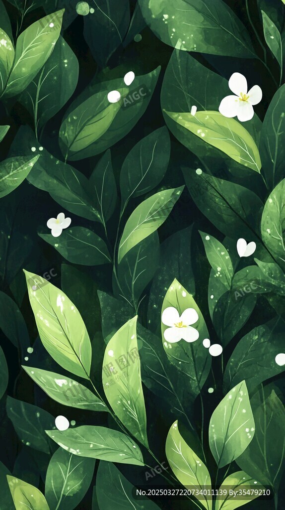 清新綠葉白花植物圖案