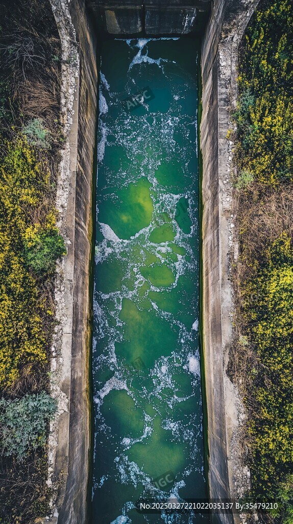 狹窄水道中涌動的碧綠水流