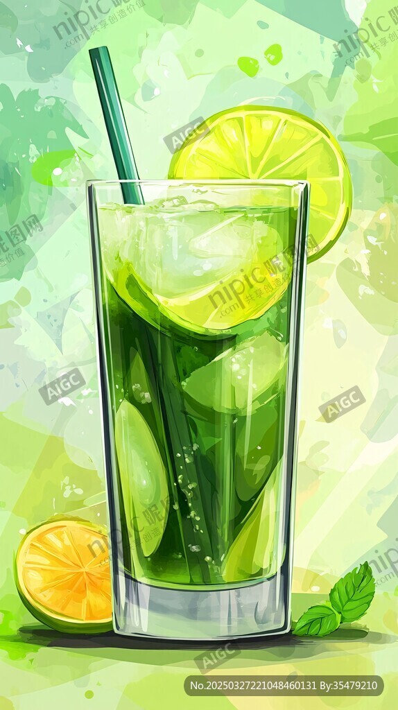 清涼薄荷青檸冰飲插畫