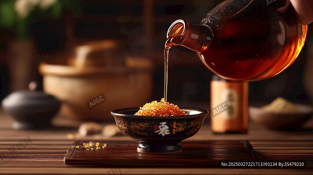 古雅場景中醬油澆淋食材