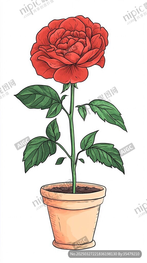 盆栽紅玫瑰插畫